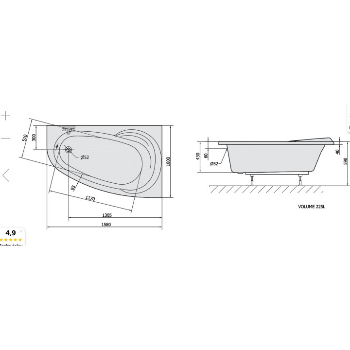 Wanna asymetryczna 158x100x43cm Polysan NAOS L, lewa, biała