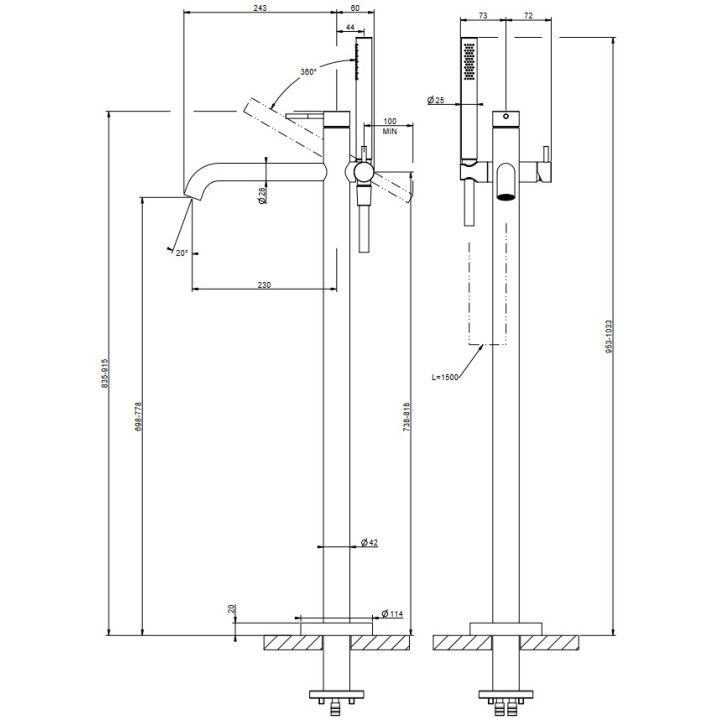 Bateria wannowa wolnostojąca Gessi Bath316, 2 wyjścia wody, zestaw natryskowy - czarny