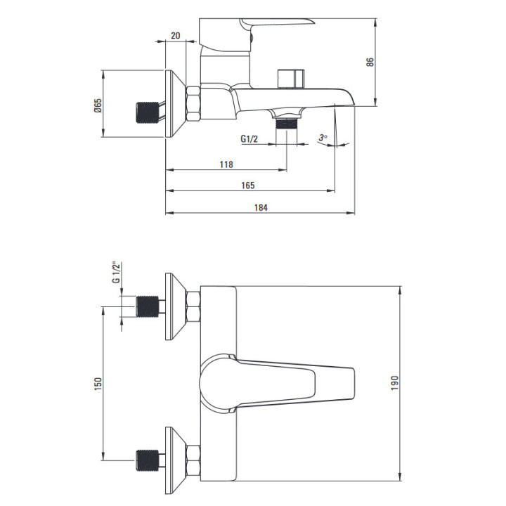 Bateria umywalkowo-wannowa ścienna z wydłużoną wylewką z podłączeniem na wąż, Deante Chaber, chrom