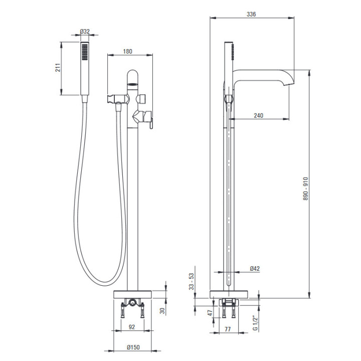 Bateria wannowa z zestawem prysznicowym, Deante Silia, stal szczotkowana