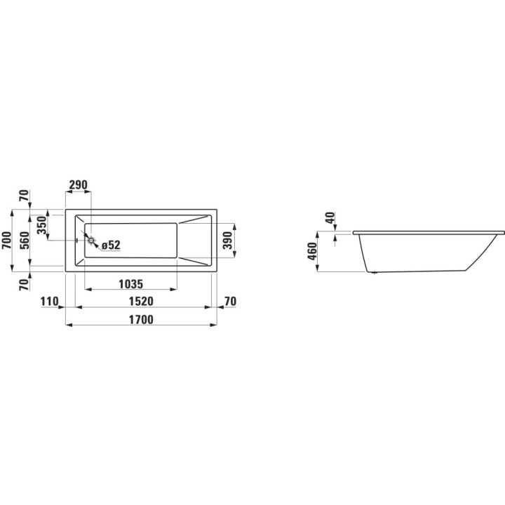 Wanna prostokątna Laufen Pro 170 x 70 x 62 cm, biała, bez stelaża (dostosowana do nóg), H2309500000001