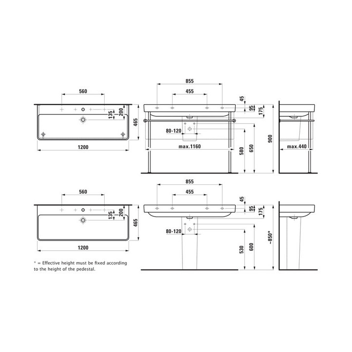 Umywalka podwójna ścienna jednokomorowa 1200 x 460 dwa otwory na baterię mm Laufen Pro S, H8149650001071