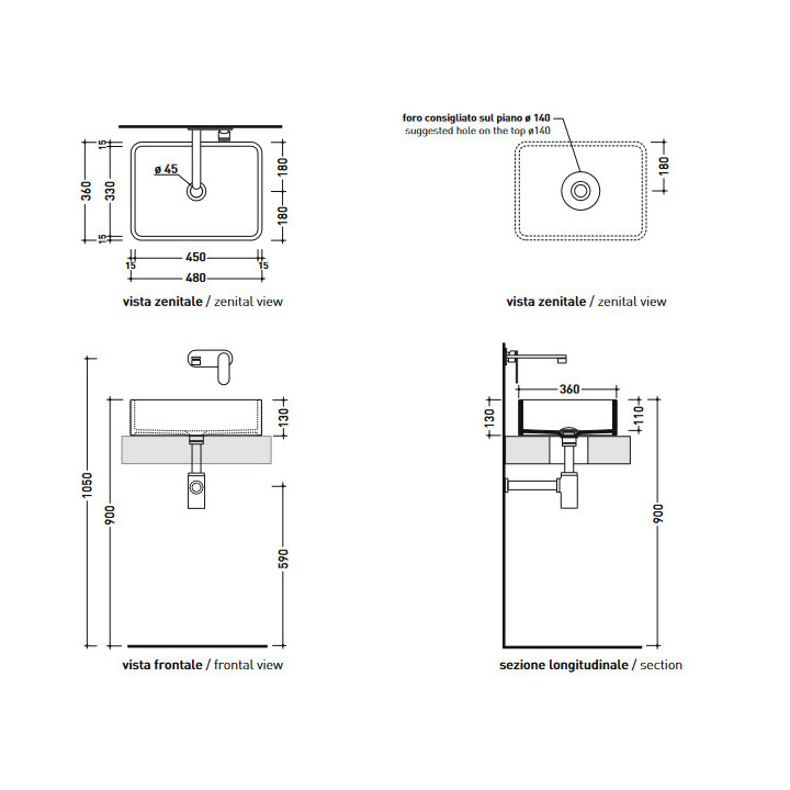 Umywalka nablatowa lub ścienna Flaminia Miniwash 48 biały, 48 x 36 x 13 cm, bez przelewu