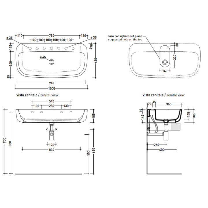 Umywalka stawiana na blat Flaminia Mono 100x48x18,5cm, biały mat 