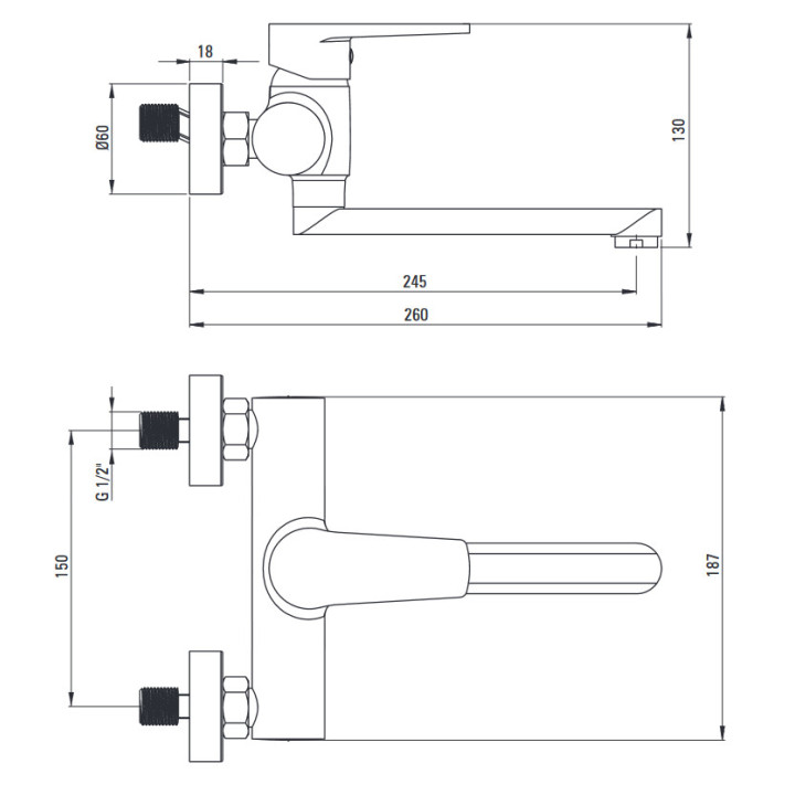 Bateria prysznicowa ścienna, Deante Tubo, chrom