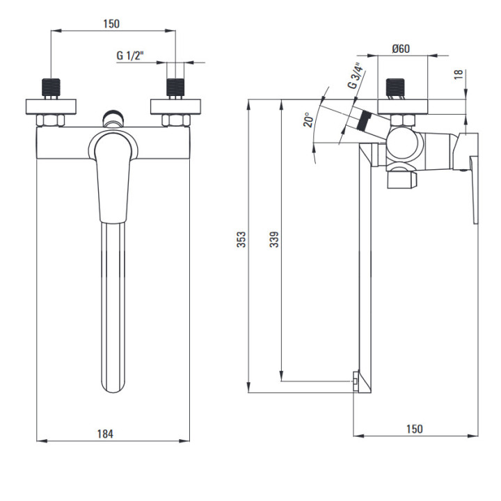Bateria umywalkowa ścienna, Deante Tubo, chrom