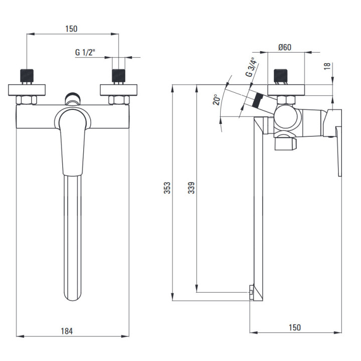 Bateria umywalkowo-wannowa ścienna z wydłużoną wylewką - podłączenie na wąż, Deante Tubo, chrom