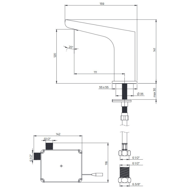 Bezdotykowa bateria umywalkowa z regulacją temperatury - 230/6V Deante Sensor, chrom
