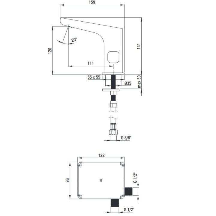 Bezdotykowa bateria umywalkowa bez regulacji temperatury - 230/6V, Deante Sensor, chrom