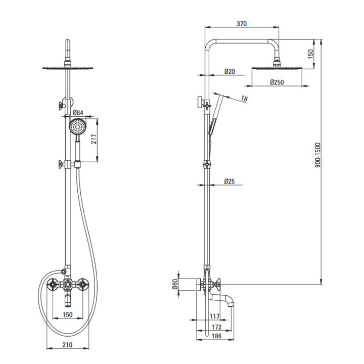 Deszczownica z baterią wannową, Deante Tubo, chrom