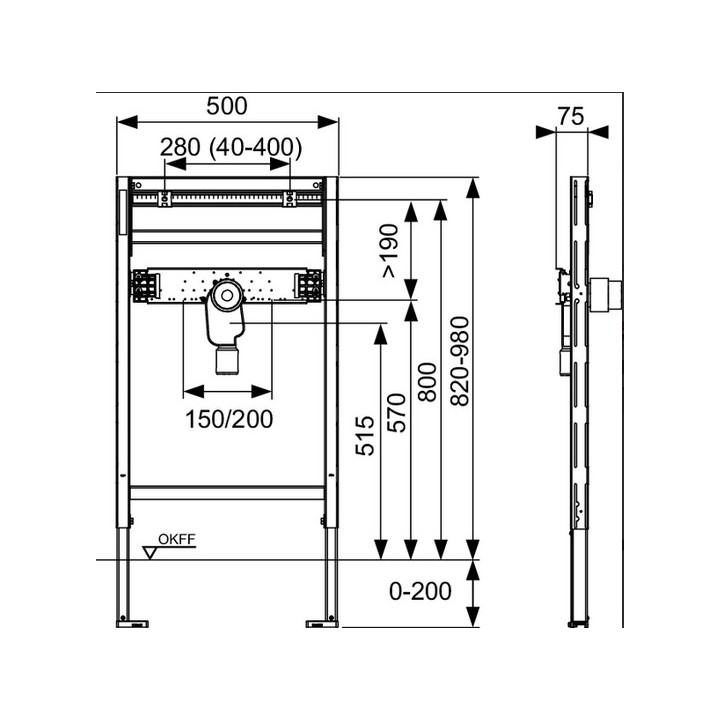 Stelaż podtynkowy do umywalki TECEprofil, wysokość 820-980mm, z syfonem