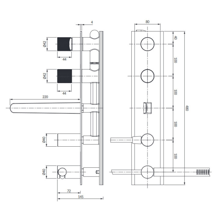 Bateria prysznicowo-wannowa Omnires Contour, podtynkowa, 2 wyjścia wody, zestaw natryskowy, miedź szczotkowana