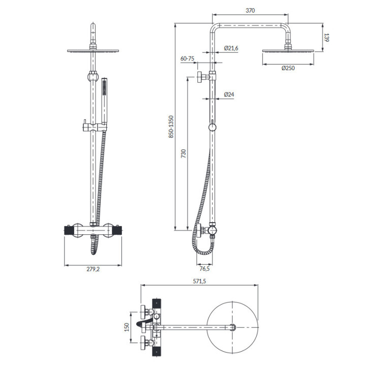 Bateria wannowa 5-otworowa podtynkowa Omnires Contour, miedź szczotkowana