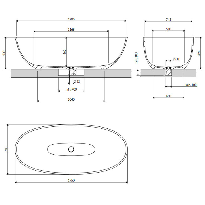 Wanna wolnostojąca 175x78cm, Omnires Shell M+, biały mat