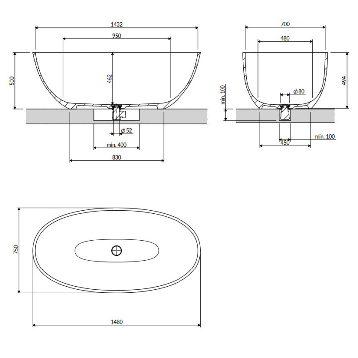 Wanna wolnostojąca 175x78cm, Omnires Shell M+, biały mat