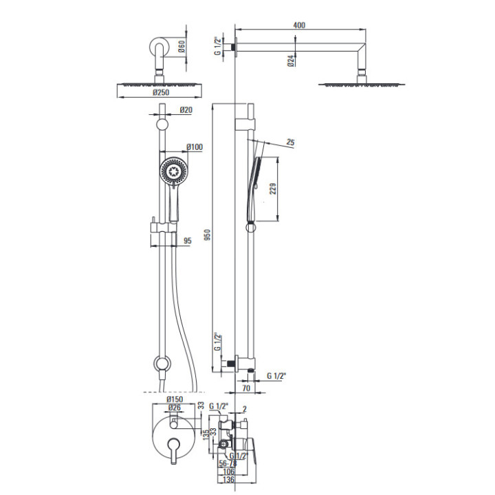 Zestaw prysznicowy podtynkowy z drązkiem, Deante Arnika, nero
