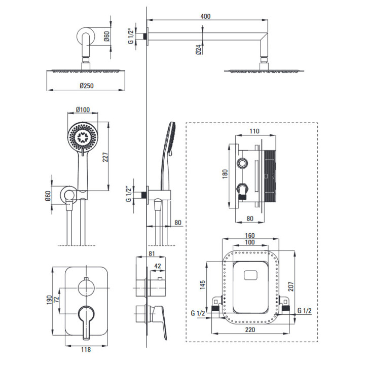 Zestaw prysznicowy podtynkowy z BOXem mieszaczowym, Deante Alpinia, złoty