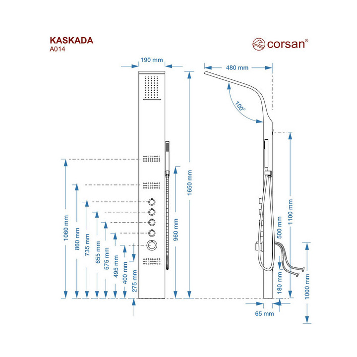Panel prysznicowy Corsan KASKADA Mieszacz, z wylewką z przełącznikiem ciśnieniowym, czarny