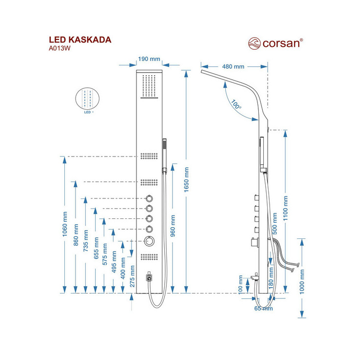 Panel prysznicowy Corsan KASKADA ,Deszczownica LED , czarny