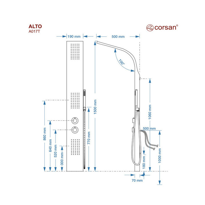 Panel prysznicowy Corsan ALTO , wylewka z przełącznikiem ciśnieniowym,biały