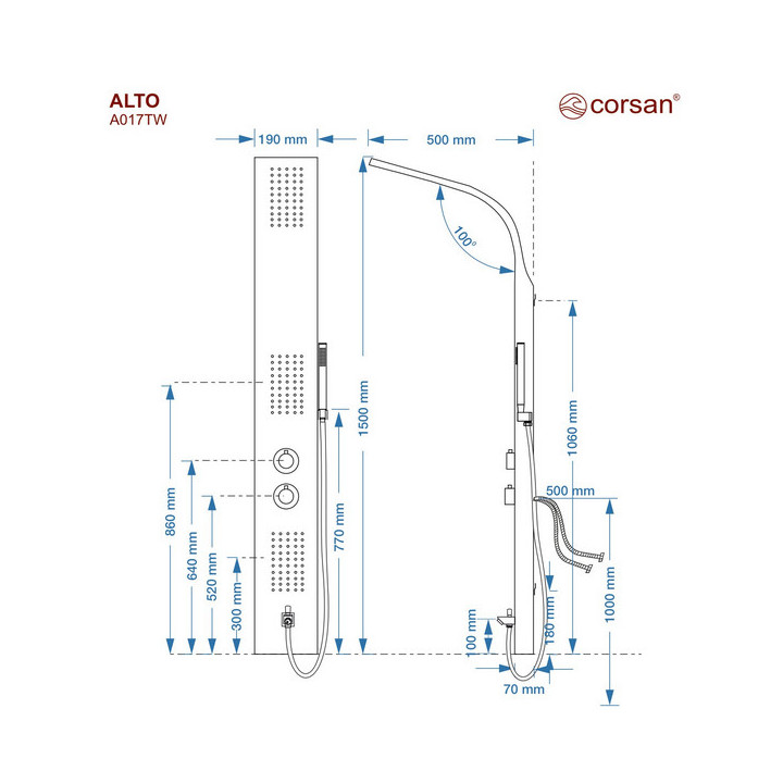 Panel prysznicowy Corsan ALTO ,termostat, Srebrny