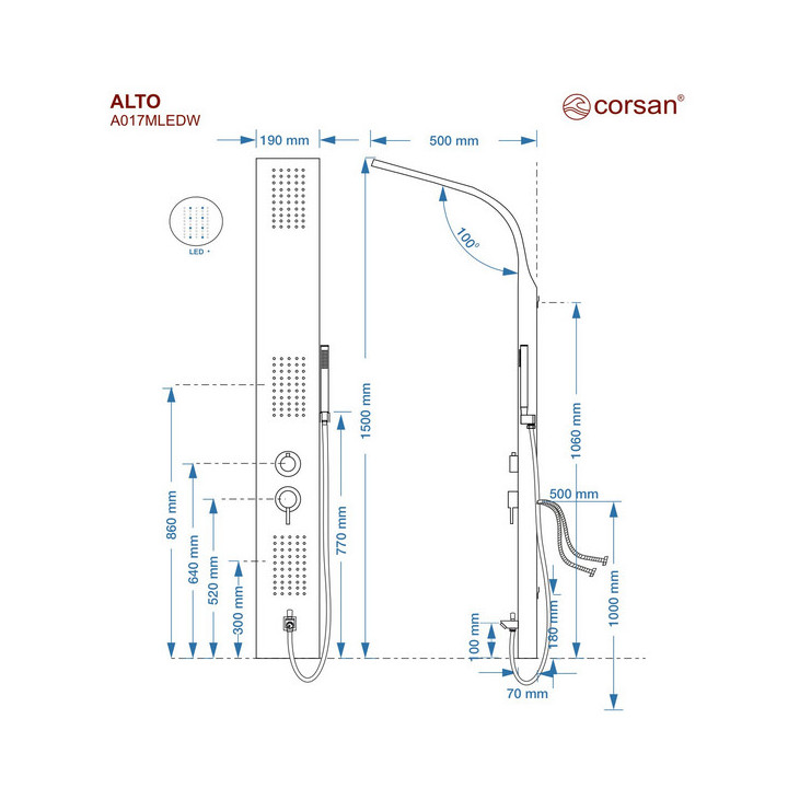 Panel prysznicowy Corsan ALTO, Deszczownica LED, Srebrny