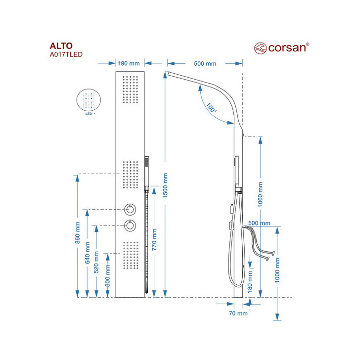 Panel prysznicowy Corsan ALTO, Deszczownica LED, z wylewką z przełącznikiem ciśnieniowym, biały