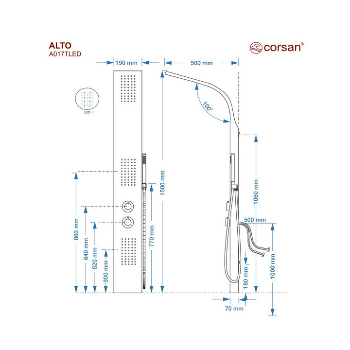 Panel prysznicowy Corsan ALTO, Deszczownica LED,Termostat, z wylewką z przełącznikiem ciśnieniowym, czarny