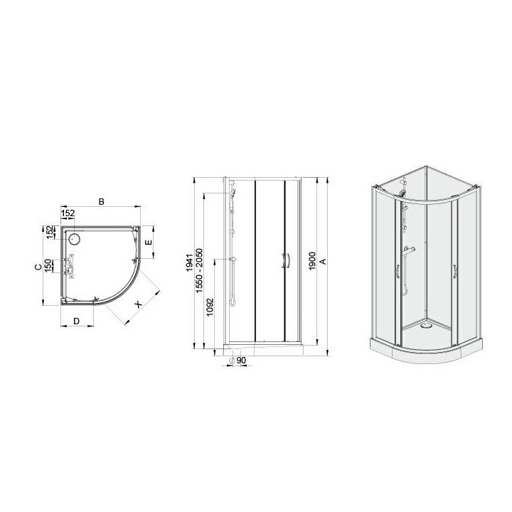 Drywi skryzdowe Sanplast Prestige III 100x195cm, profil srebrny błyszczący, szkło przezroczyste