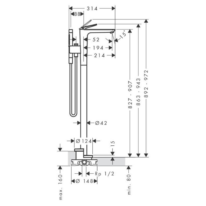 Bateria wannowa wolnostojąca Axor Citterio, montaż w podłodze