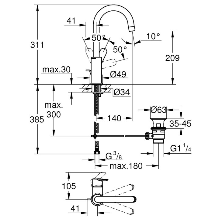 Bateria umywalkowa Grohe BauEdge, stojąca, wysokość 180mm, 5,7 l/min, chrom