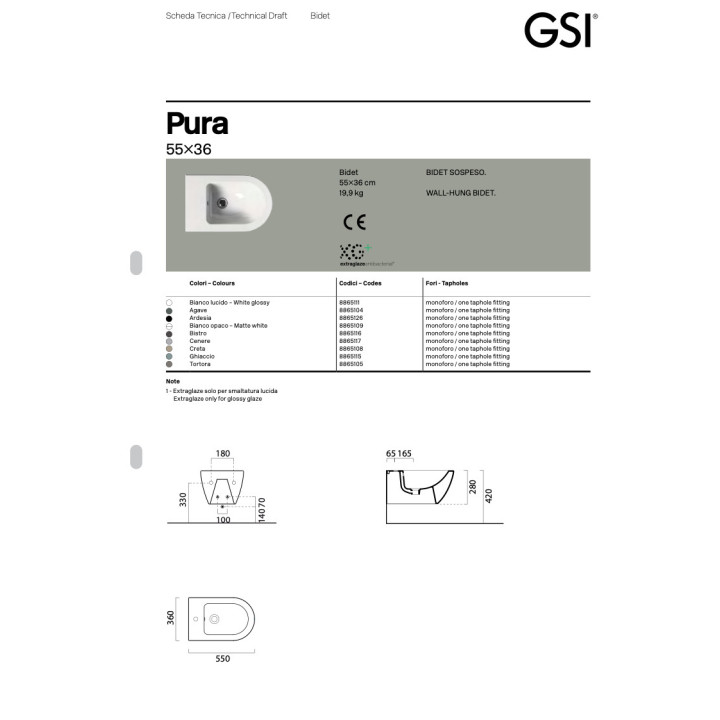 Bidet wiszący GSI Pura 50x36 cm, z powłoką ExtraGlaze - biały