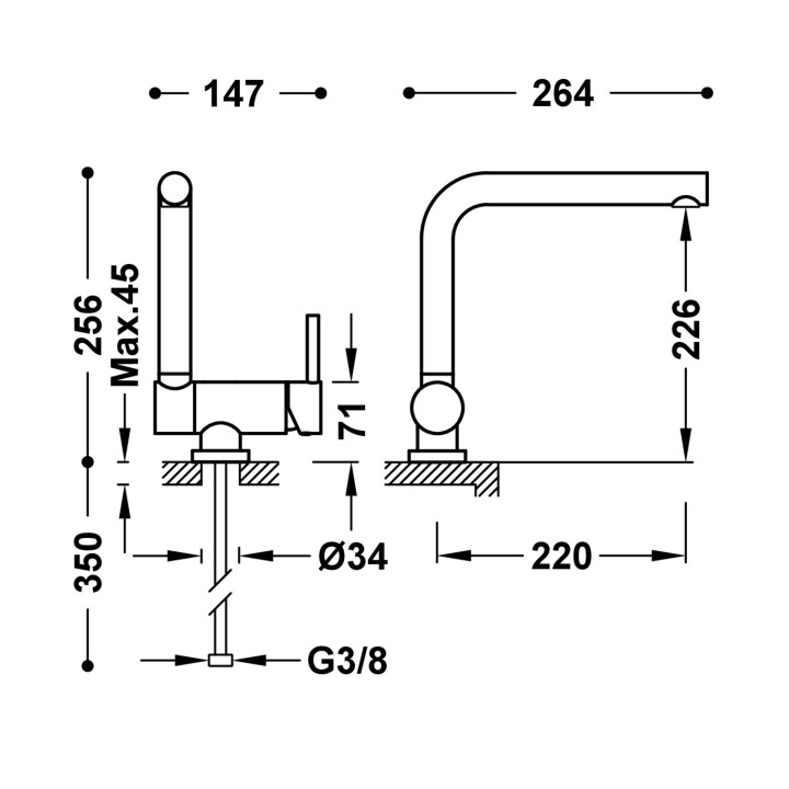 Bateria zlewozmywakowa Tres ABATIBLE podokienna, składana wylewka
