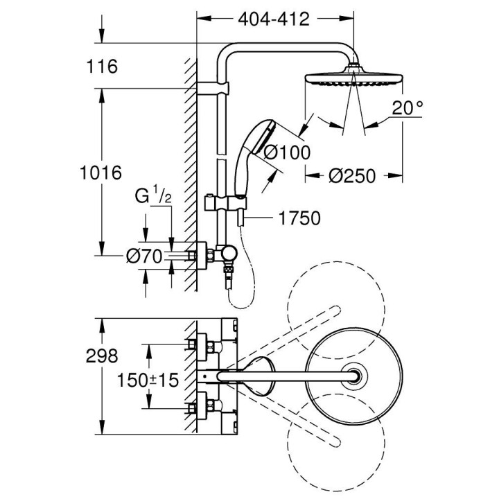 Zestaw prysznicowy Grohe Vitalio Joy System 260 z termostatem do montażu ściennego, chrom