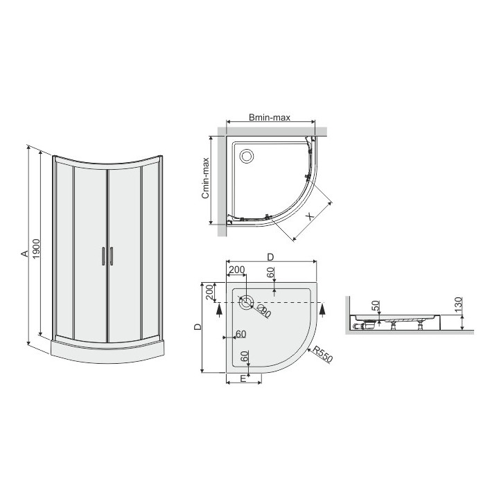 Kabina narożna Sanplast KP4/TX5b+BPza półokrągła wraz z brodzikiem, wys.2030 mm, szkło przeźroczyste, profil srebrny błyszczący-