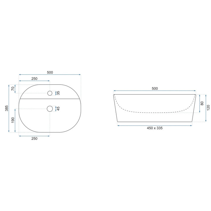 Umywalka Rea Carina, nablatowa 50x38,5x12 cm, z otworem na baterie - biała