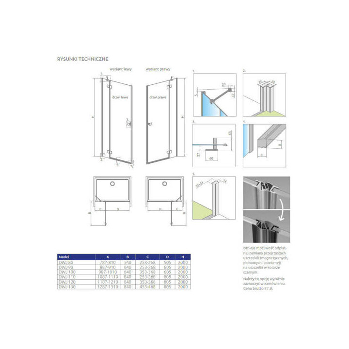 Drzwi prysznicowe do wnęki Radaway Premium Plus DWJ 160, uniwersalne, 1575-1615mm, szkło fabric, profil chrom