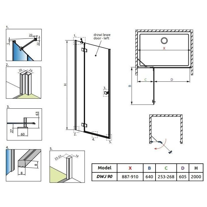 Drzwi prysznicowe do wnęki Radaway Premium Plus DWJ 160, uniwersalne, 1575-1615mm, szkło fabric, profil chrom