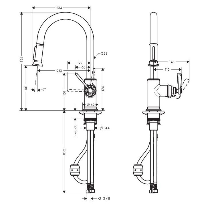 Jednouchwytowa bateria kuchenna Hansgrohe Axor Montreux 180 z wyciąganą wylewką - mosiądz szczotkowany
