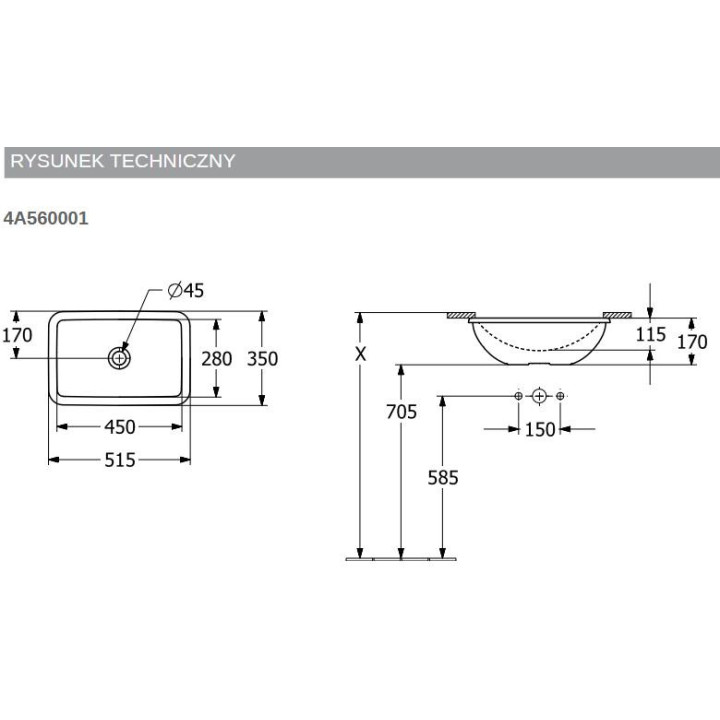 Loop & Friends Umywalka podblatowa, 450 x 280 x 185 mm, Weiss Alpin, z przelewem