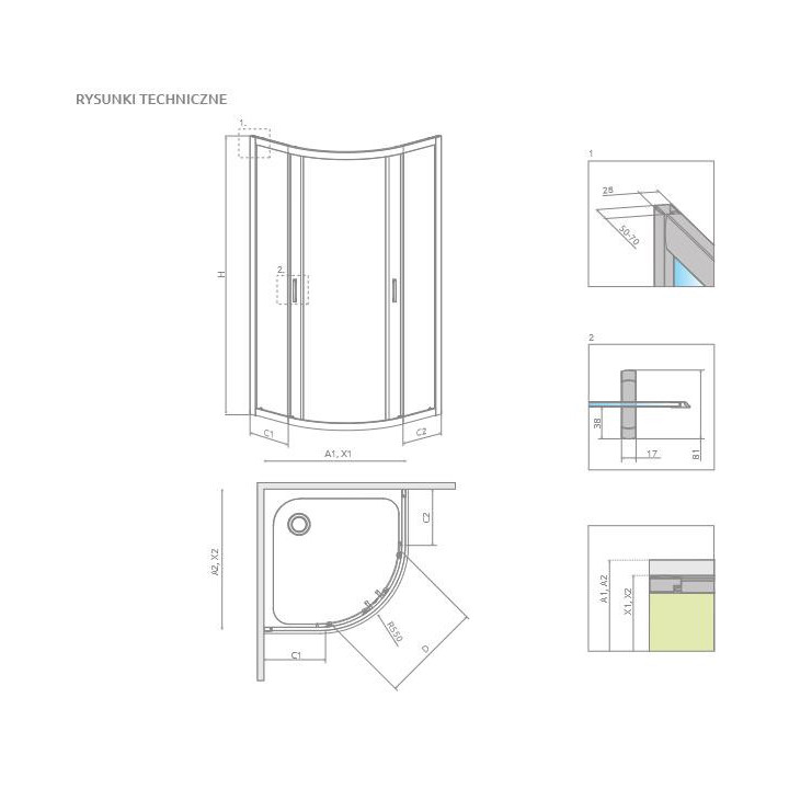 Kabina Radaway Premium Plus a1700 800 mm półokrągła z drzwiami dwuczęściowymi, szkło przejrzyste