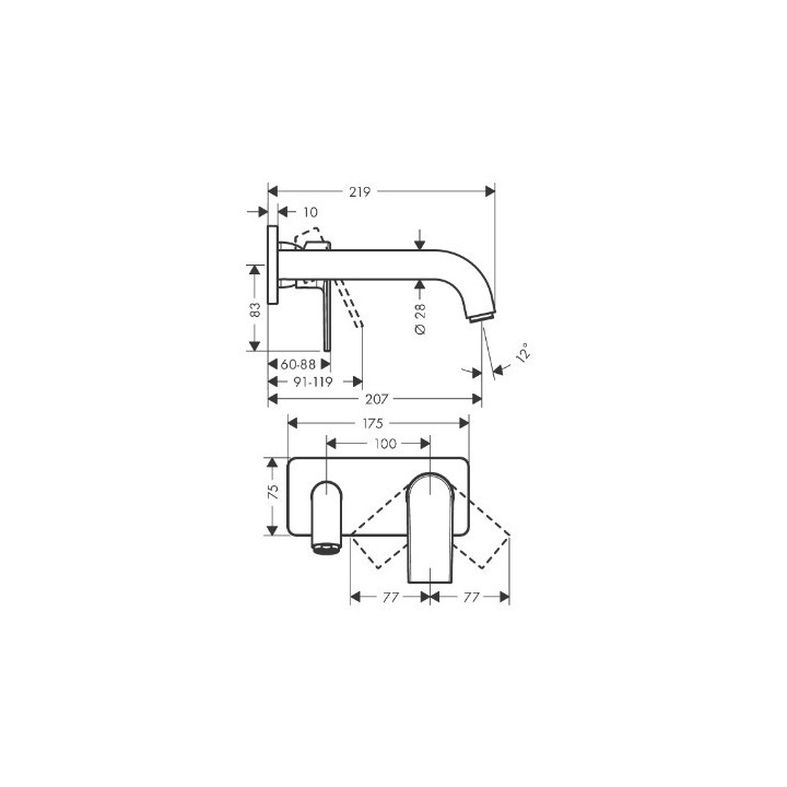 Bateria umywalkowa ścienna Hansgrohe Vernis Shape, podtynkowa, wylewka 20,5 cm - chrom