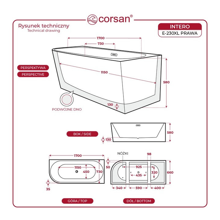 Wanna narożna wolnostojąca Corsan Intero 150 x 74,5 cm biała, montaż prawostronny, korek klik-klak chrom