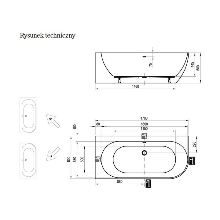 Wanna wolnostojąca do ściany Ravak Freedom Corner 170x80 cm, wariant prawy - biała, osłona odpływu biała