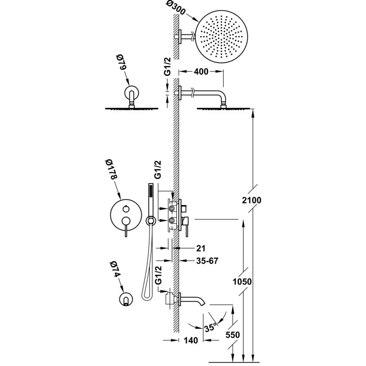 Zestaw natryskowy Tres Study-Colors, podtynkowy, 2 wyjścia wody, Rapid-Box - czerń metalizowana