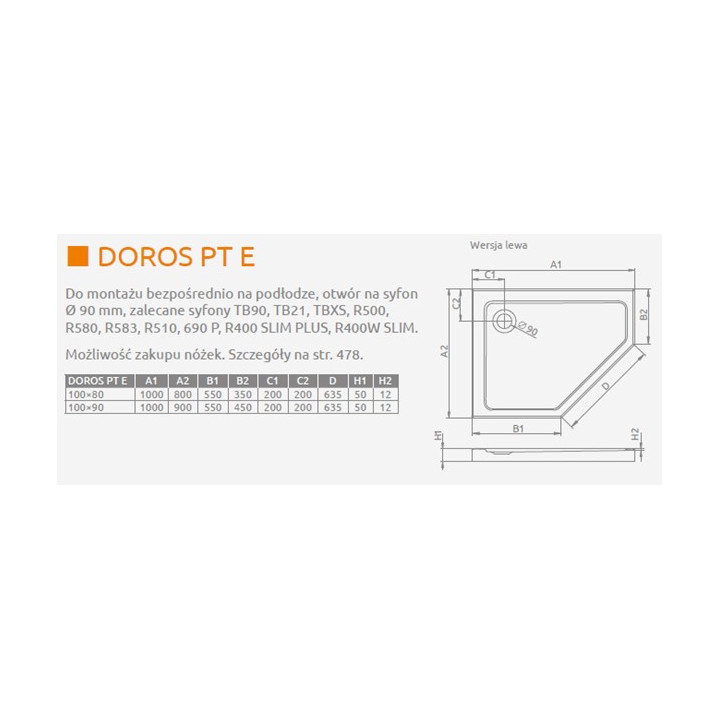 Brodzik pięciokątny lewy Radaway Doros PT E 100x80cm biały