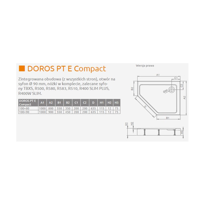 Brodzik pięciokątny lewy z obudową Radaway Doros PT E Compact 100x80cm - stone kaszmirowy