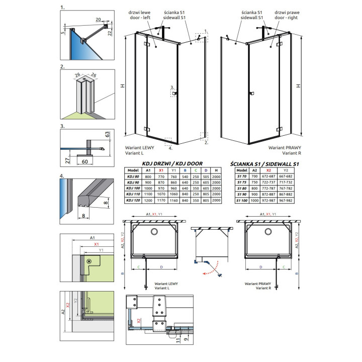 Drzwi prysznicowe Radaway Essenza New KDJ+S 90 cm, lewe, profil chrom, szkło przeźroczyste