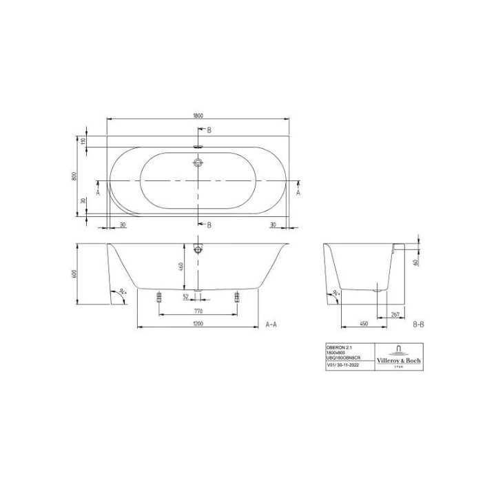 Wanna prostokątna Villeroy & Boch OBERON 2.0, 180x80,  Weiss Alpin