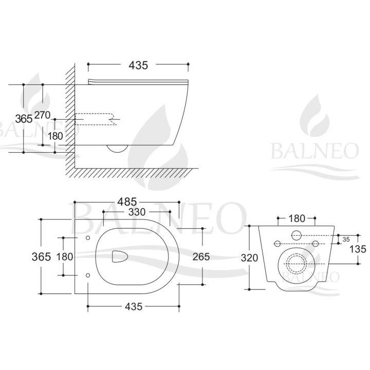 Miska podwieszana WC Balneo Luna Tornado 36,5x48,5 cm, biała bez kołnierza z deską wolnoopadającą z duroplastu